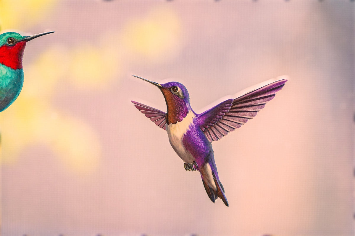 Decorative purple hummingbird ScreenSense magnet on a soft background