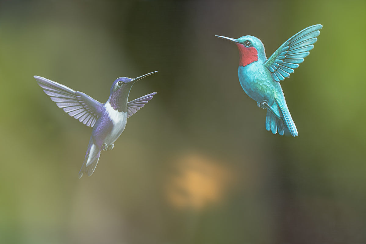 Purple and teal ScreenSense hummingbird magnets against a green background