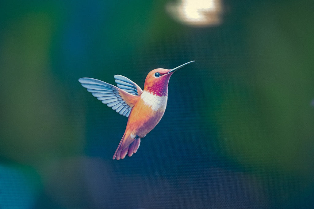 ScreenSense Orange Hummingbird screen door magnet installed on screen mesh